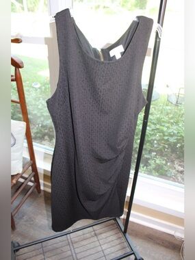 Black Textured Sheath Dress | Ruched Side | Gold Back Zip | Women’s
